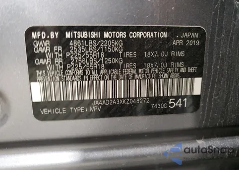 2019 Mitsubishi Outlander Es from USA, damaged, VIN JA4AD2A3XKZ048272